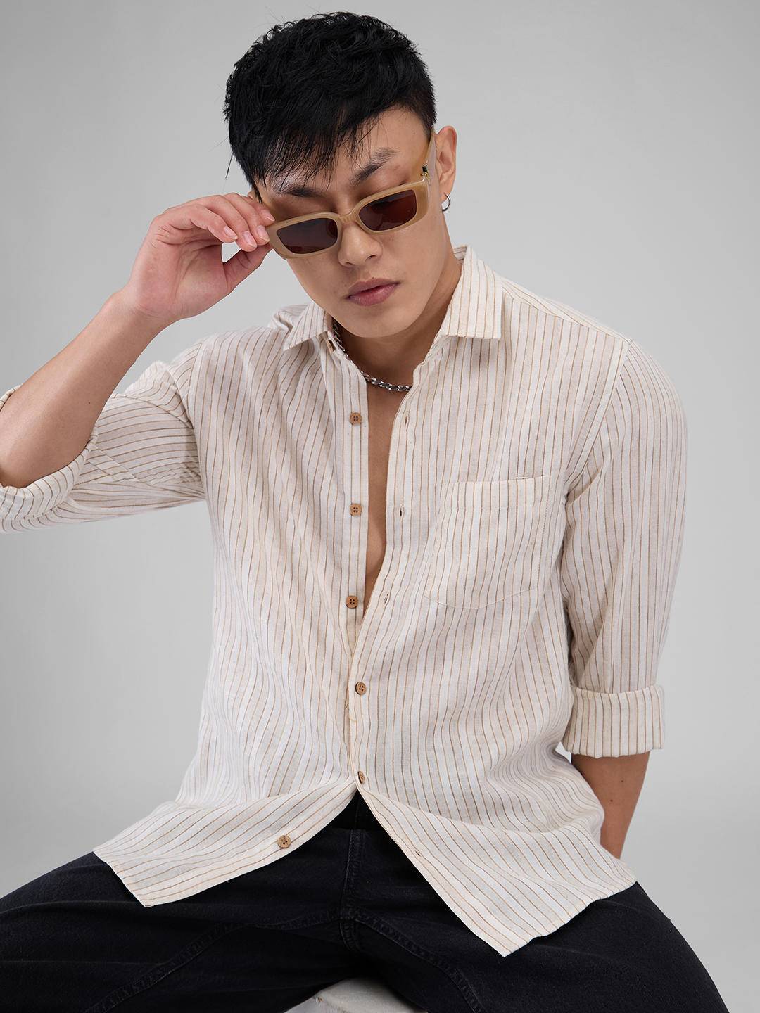 Linen Line Striped Beige Shirt Buy only at ₹659