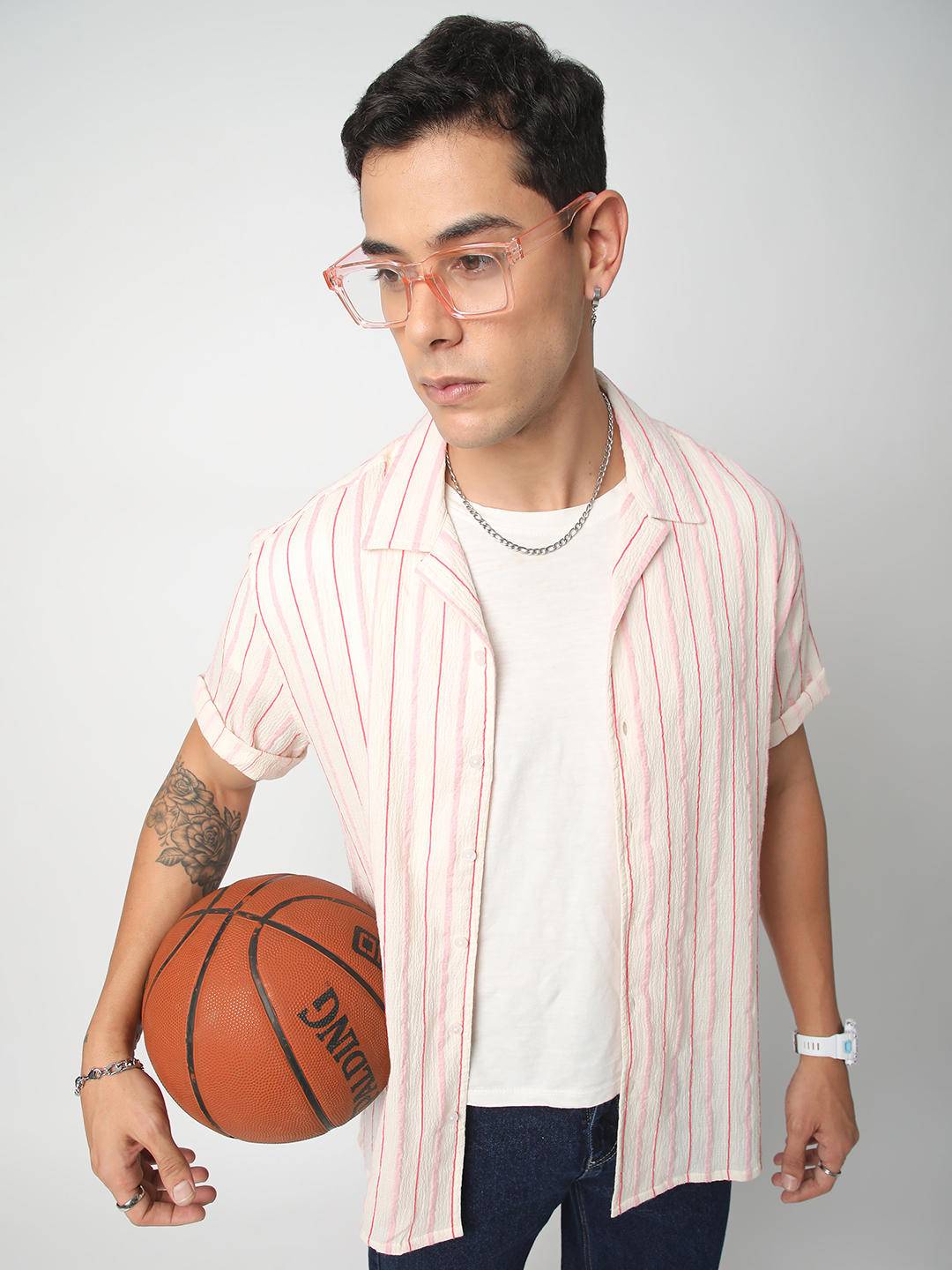 Premium Cotton White & Pink Dobby Striped Oversized Shirt Buy only at ₹599