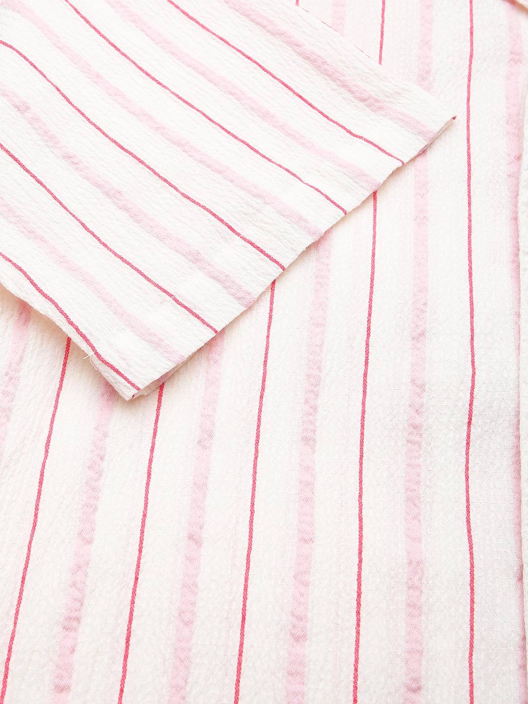 Premium Cotton White & Pink Dobby Striped Oversized Shirt Buy only at ₹599
