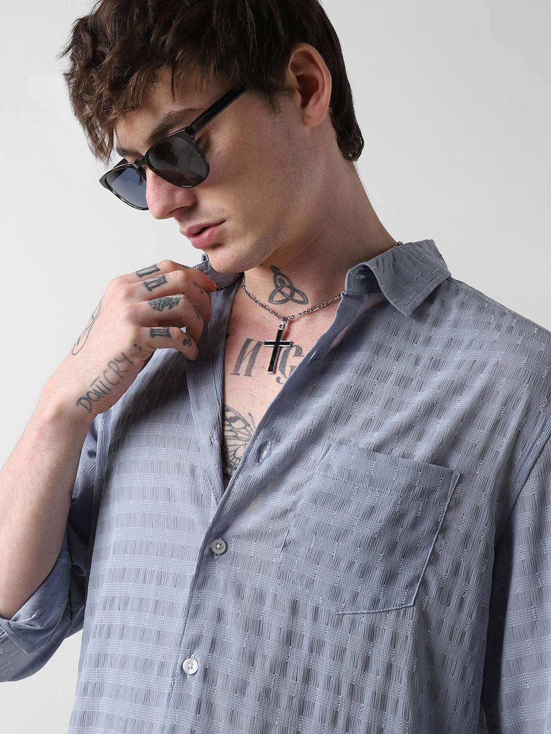 Elegant Powder Blue Dobby Striped Shirt Buy only at ₹494