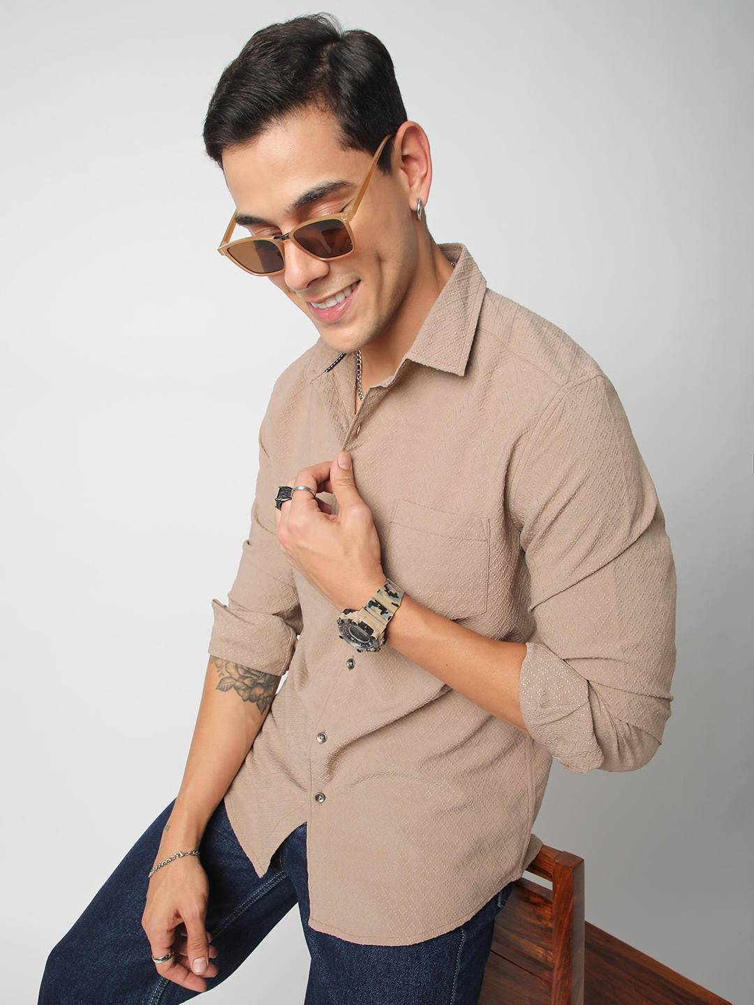 Taupe Beige Lozenge Jacquard Textured Shirt Buy only at ₹659