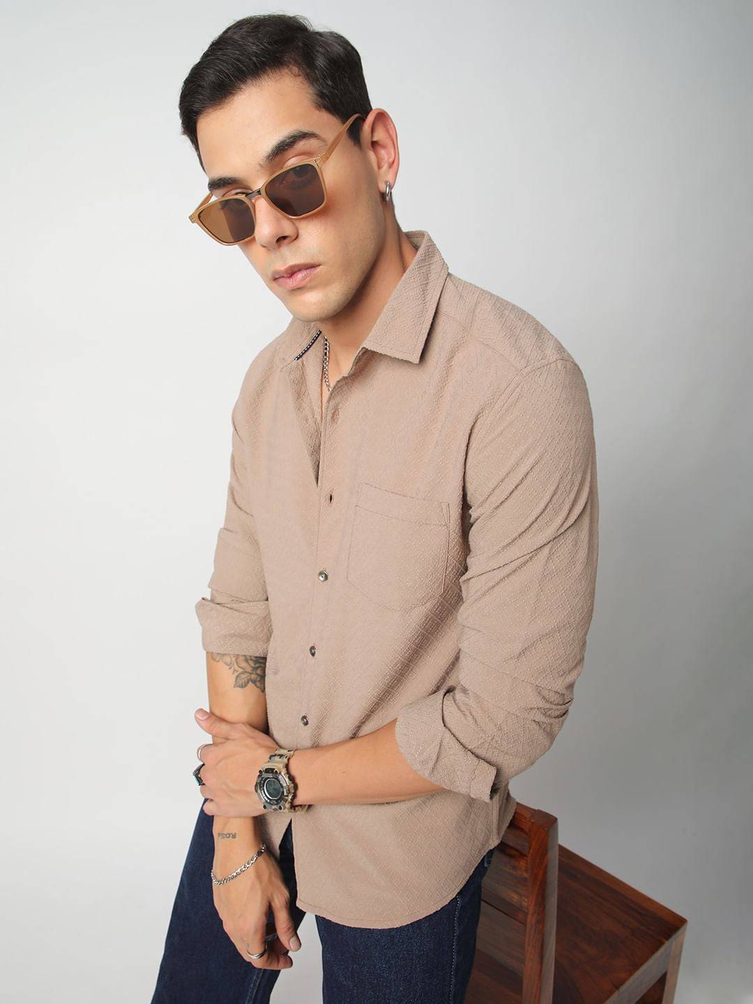 Taupe Beige Lozenge Jacquard Textured Shirt Buy only at ₹659