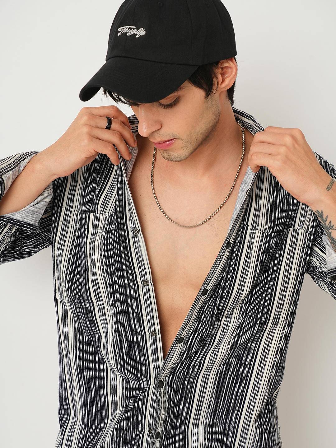 Streaky Achromatic Double Pocket Corduroy Shirt Buy only at ₹859