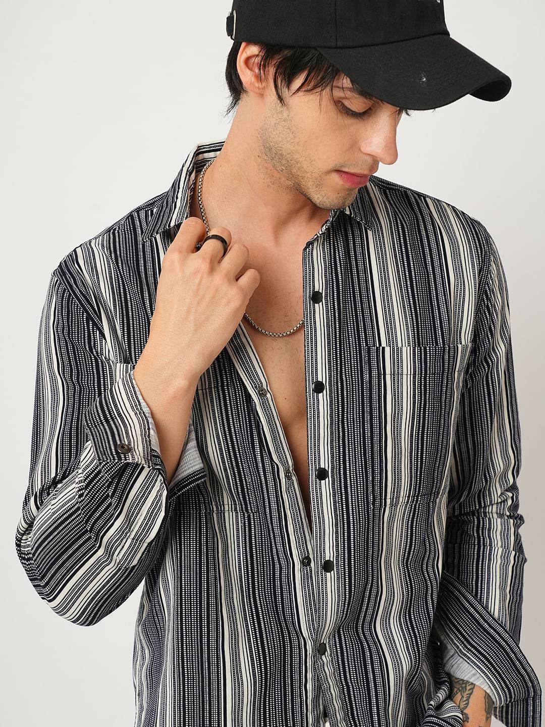 Streaky Achromatic Double Pocket Corduroy Shirt Buy only at ₹859