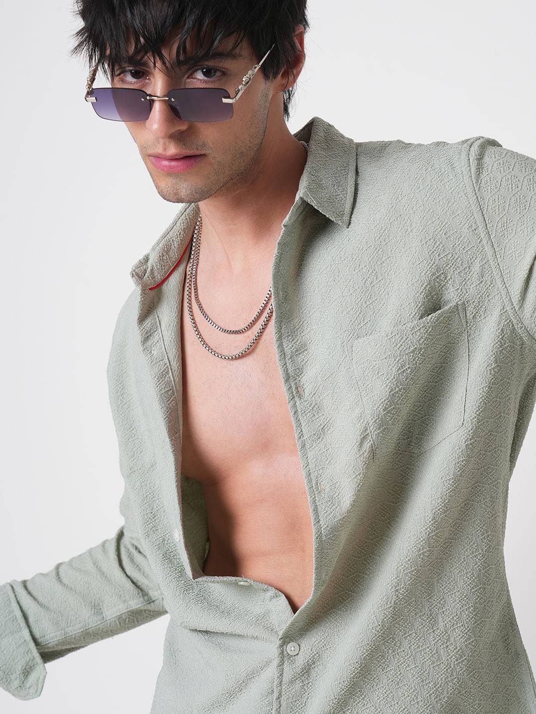 Wavy Textured Sage Green Jacquard Shirt Buy only at ₹494