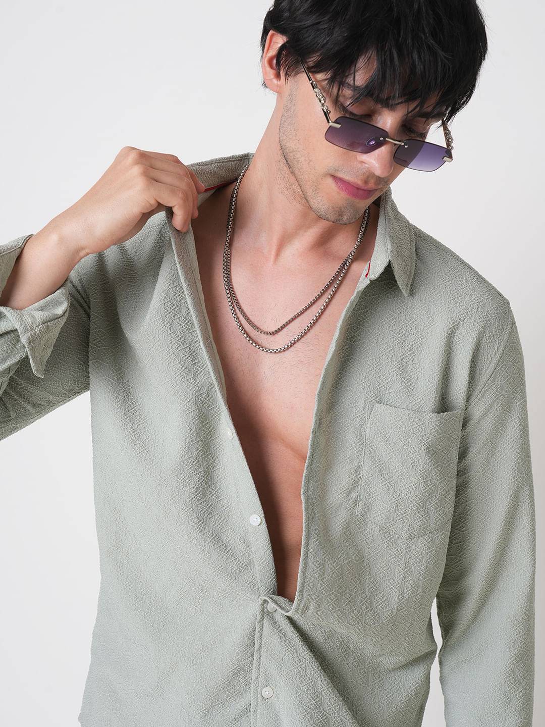 Wavy Textured Sage Green Jacquard Shirt Buy only at ₹494