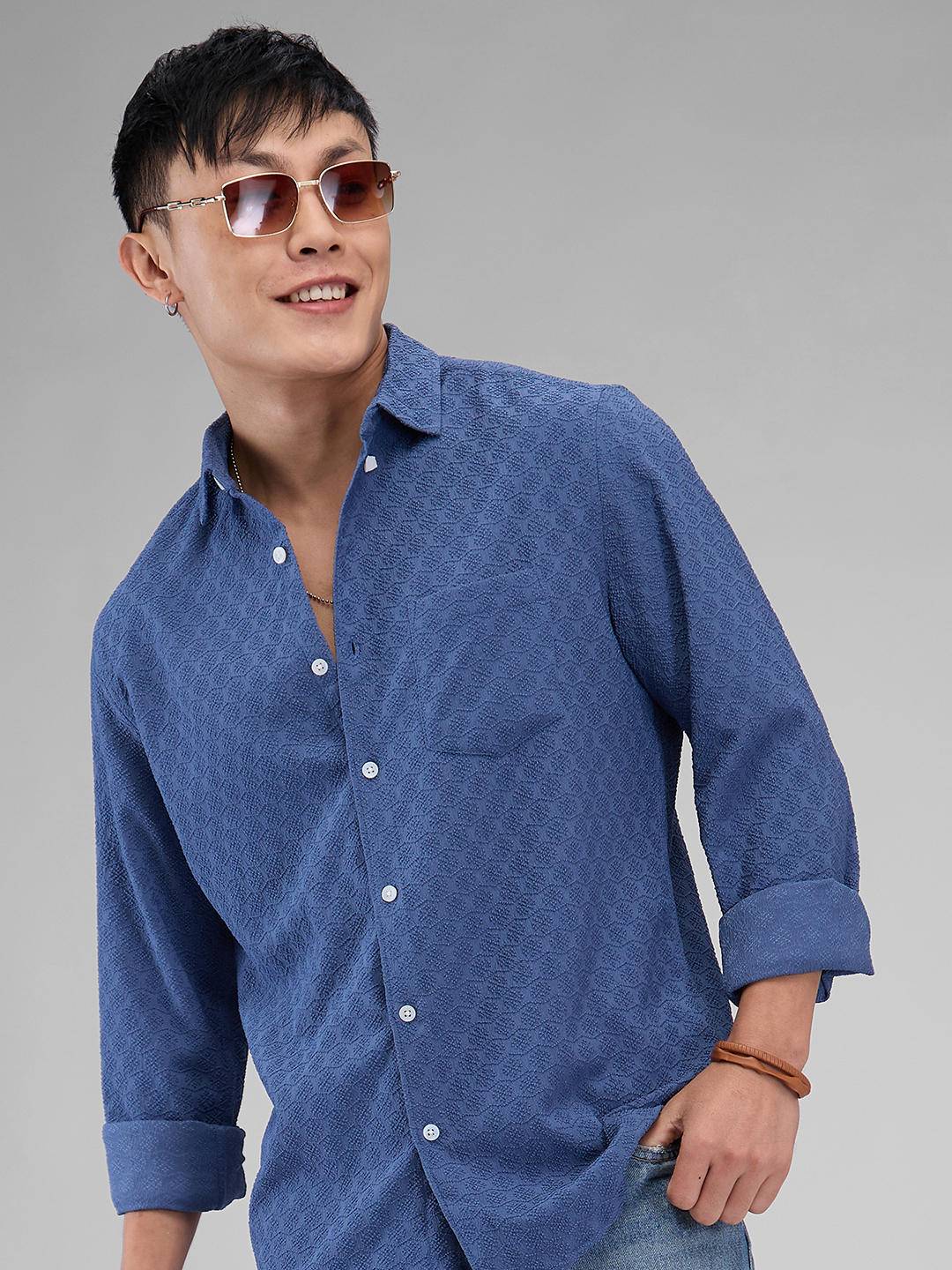 Prussian Blue Jacquard Shirt Buy only at ₹659