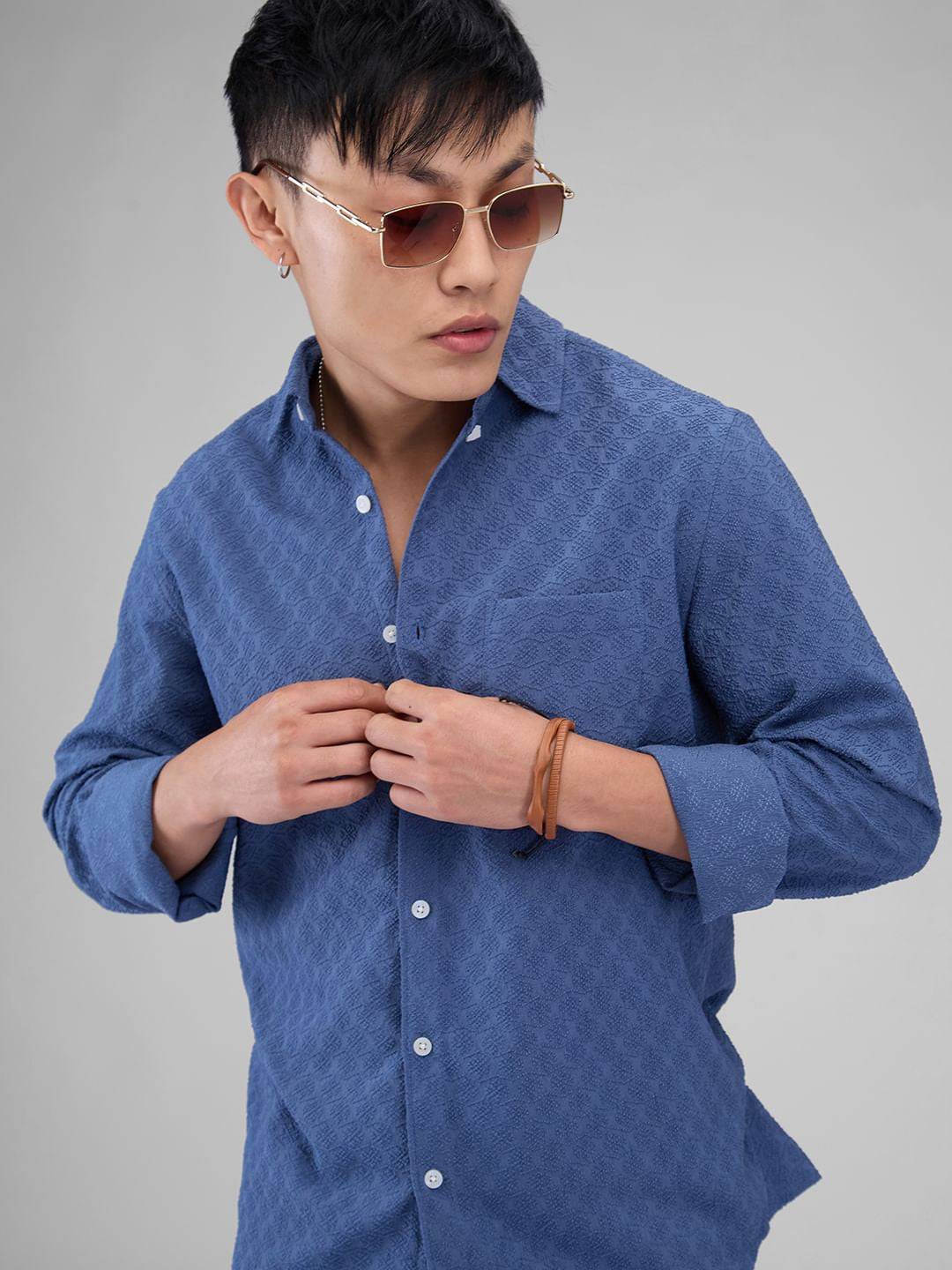 Prussian Blue Jacquard Shirt Buy only at ₹659