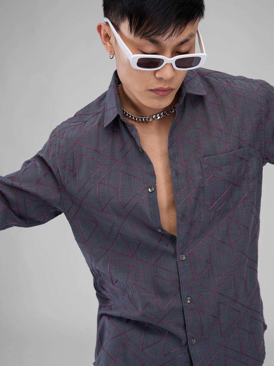 Charcoal Grey Triangle Intricate Embroidered Shirt Buy only at ₹699