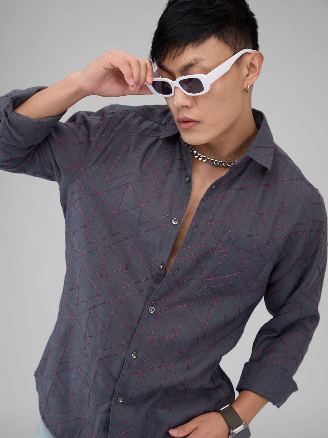 Charcoal Grey Triangle Intricate Embroidered Shirt Buy only at ₹699