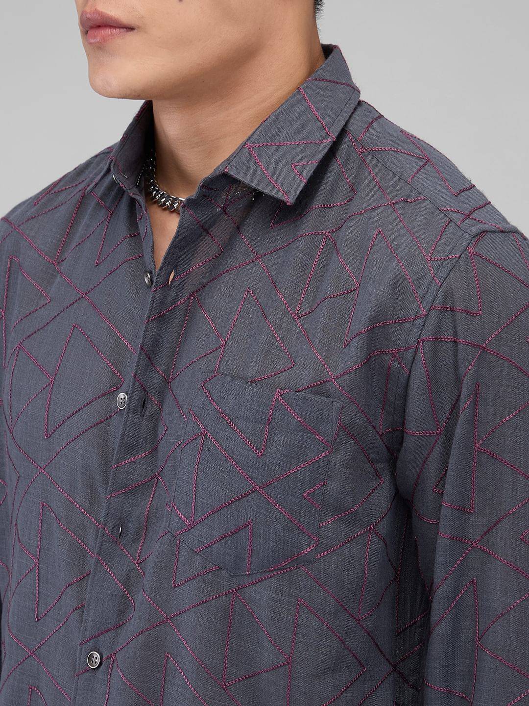 Charcoal Grey Triangle Intricate Embroidered Shirt Buy only at ₹699