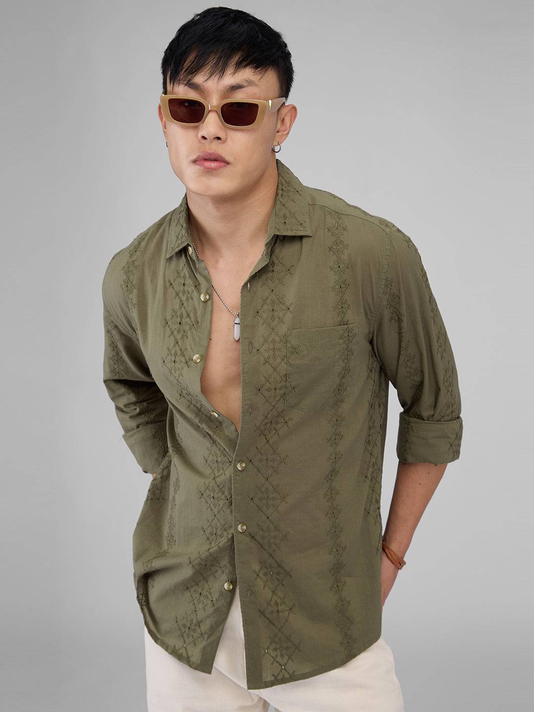 Aesthetic Olive Embroidered Schiffli Shirt Buy only at ₹759