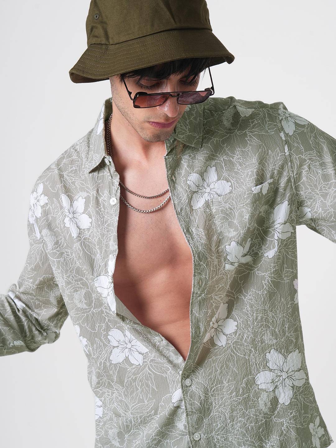 Sage Green Floral Printed Creased Shirt Buy only at ₹495