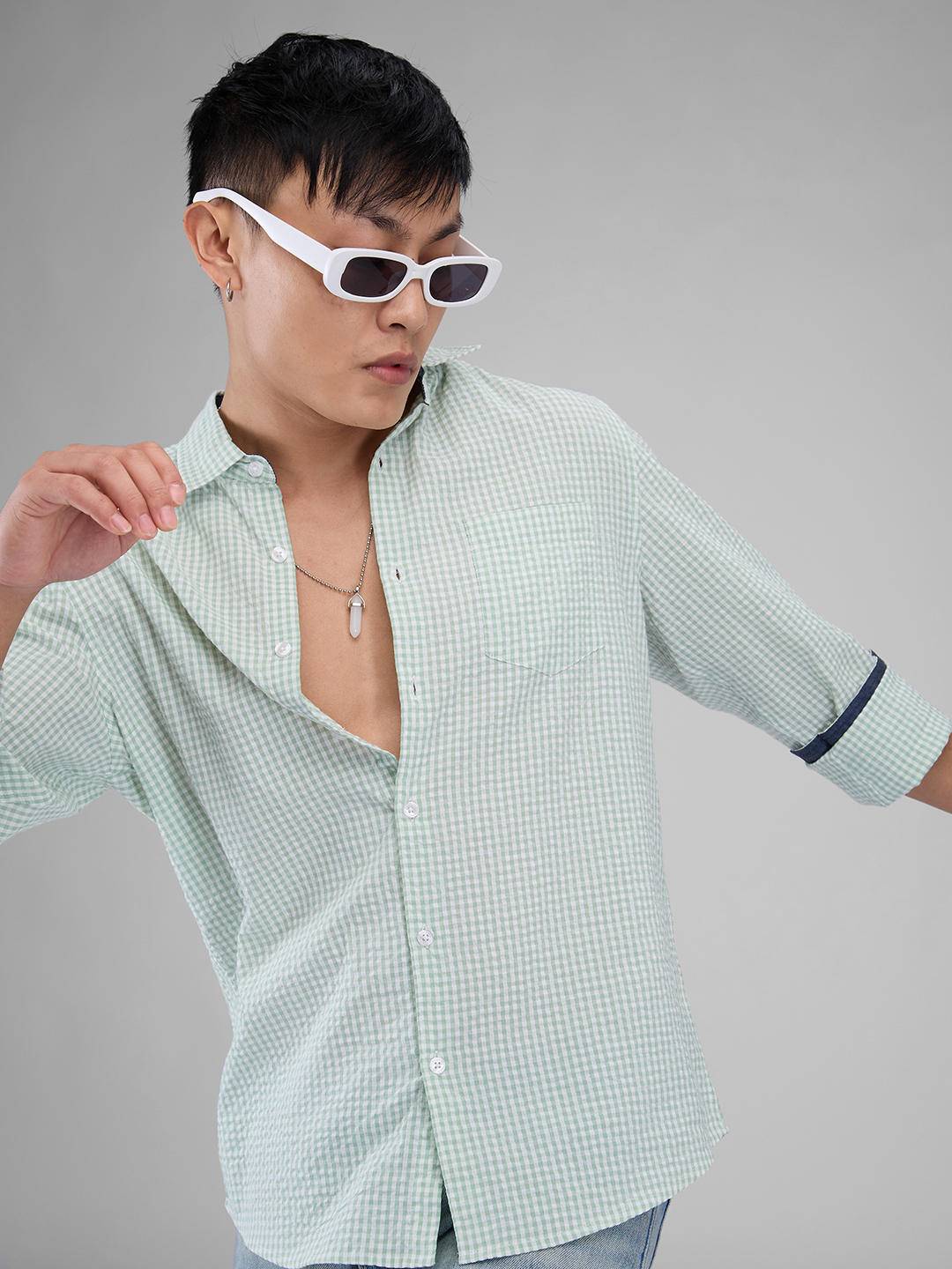 Mint Green Tiny Checkered Seersucker Shirt Buy only at ₹494