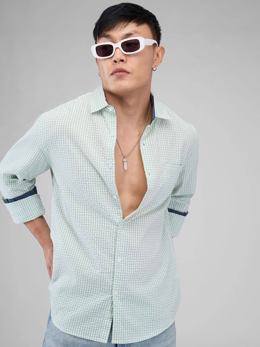 Mint Green Tiny Checkered Seersucker Shirt Buy only at ₹494