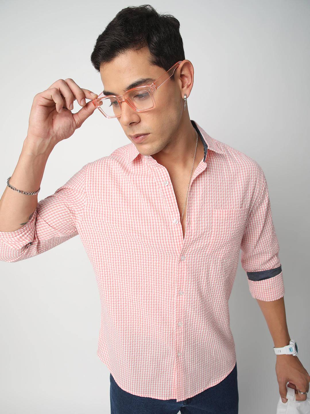 Tiny Checkered Pink Seersucker Shirt Buy only at ₹494