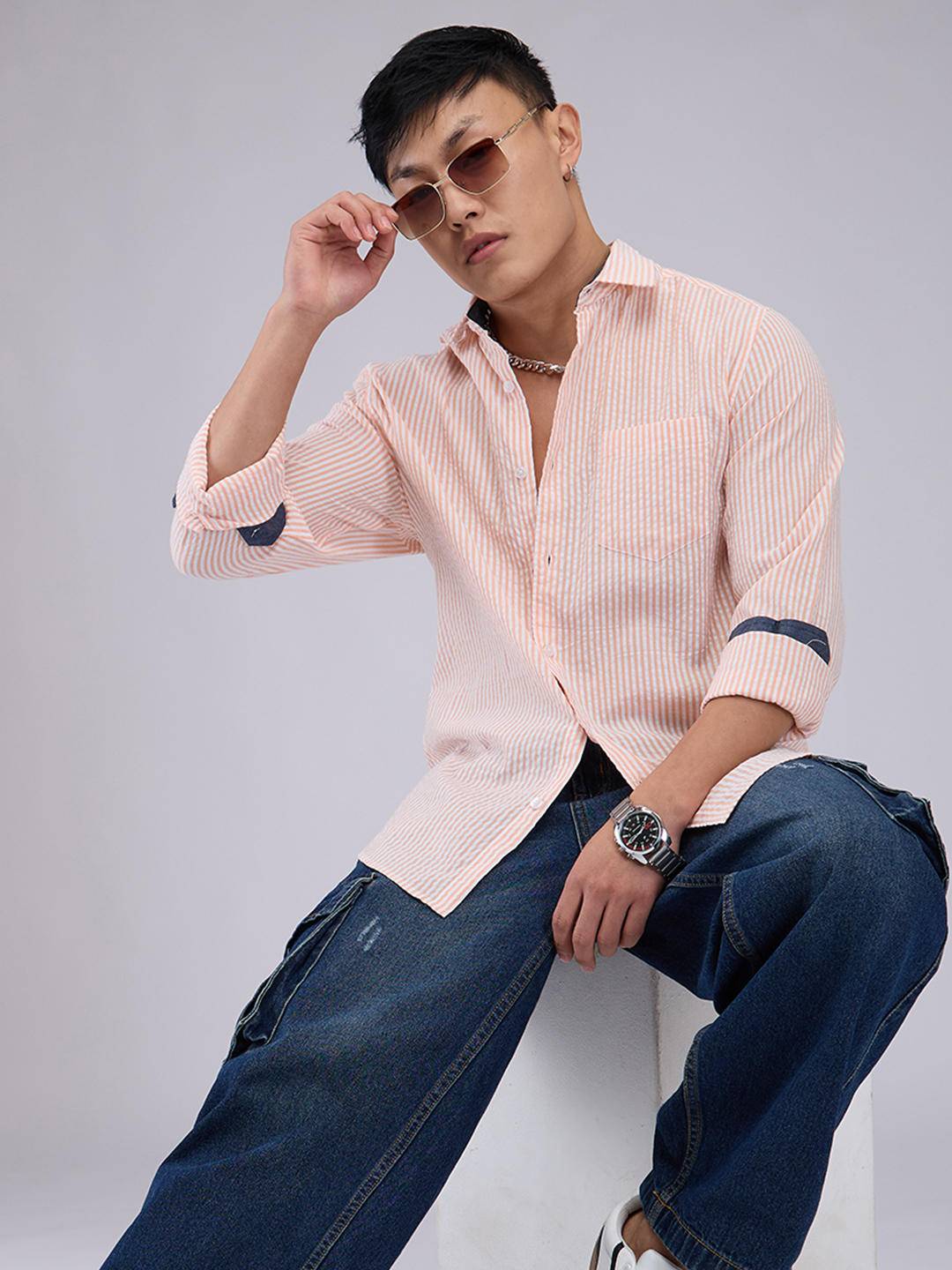 Peach & White Candy Striped Seersucker Shirt Buy only at ₹659