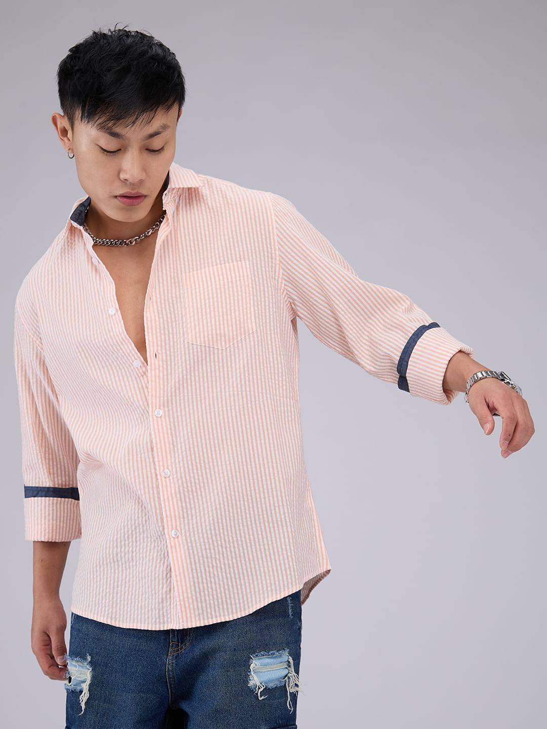 Peach & White Candy Striped Seersucker Shirt Buy only at ₹659