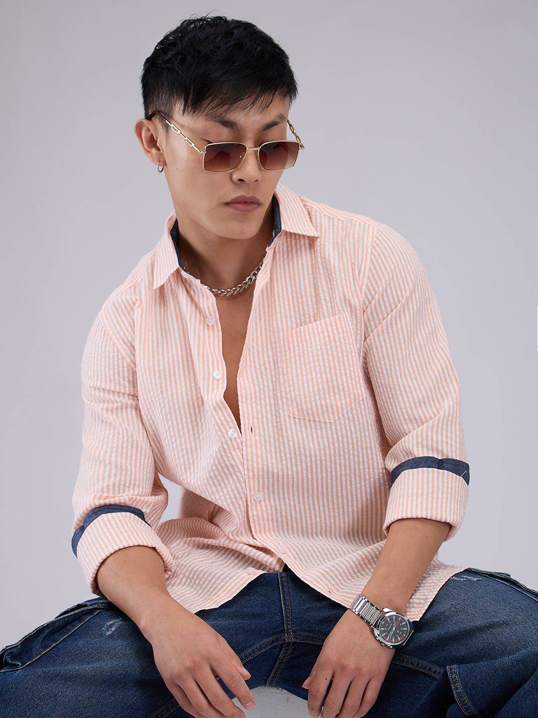 Peach & White Candy Striped Seersucker Shirt Buy only at ₹659