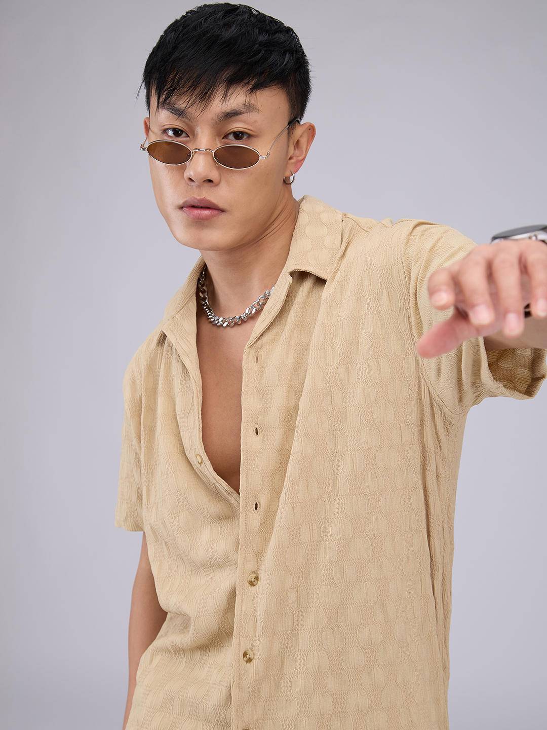 Tan Beige Crepe Textured Oversized Shirt Buy only at ₹524