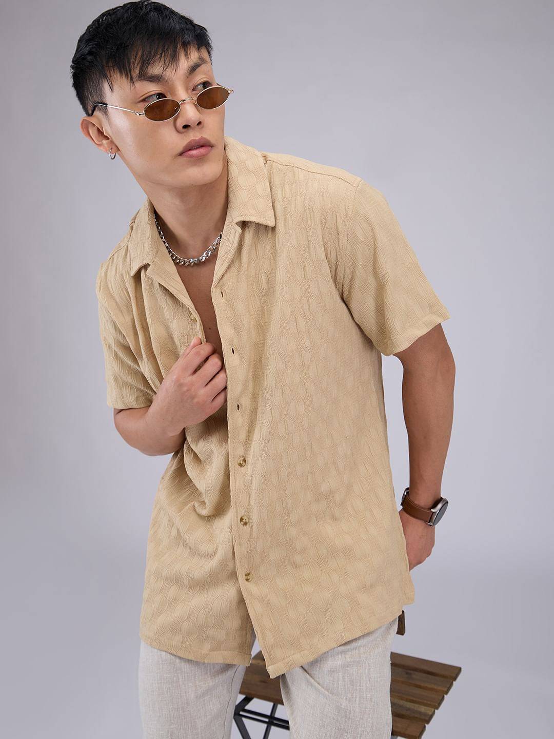 Tan Beige Crepe Textured Oversized Shirt Buy only at ₹524