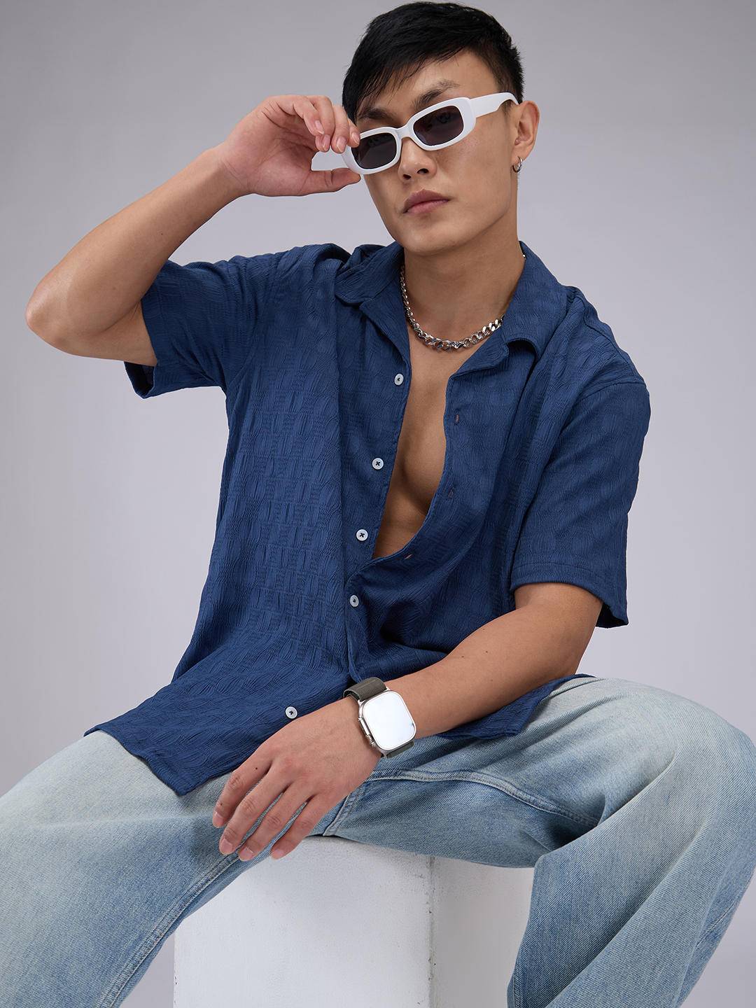 Blue Crepe Textured Oversized Shirt Buy only at ₹524