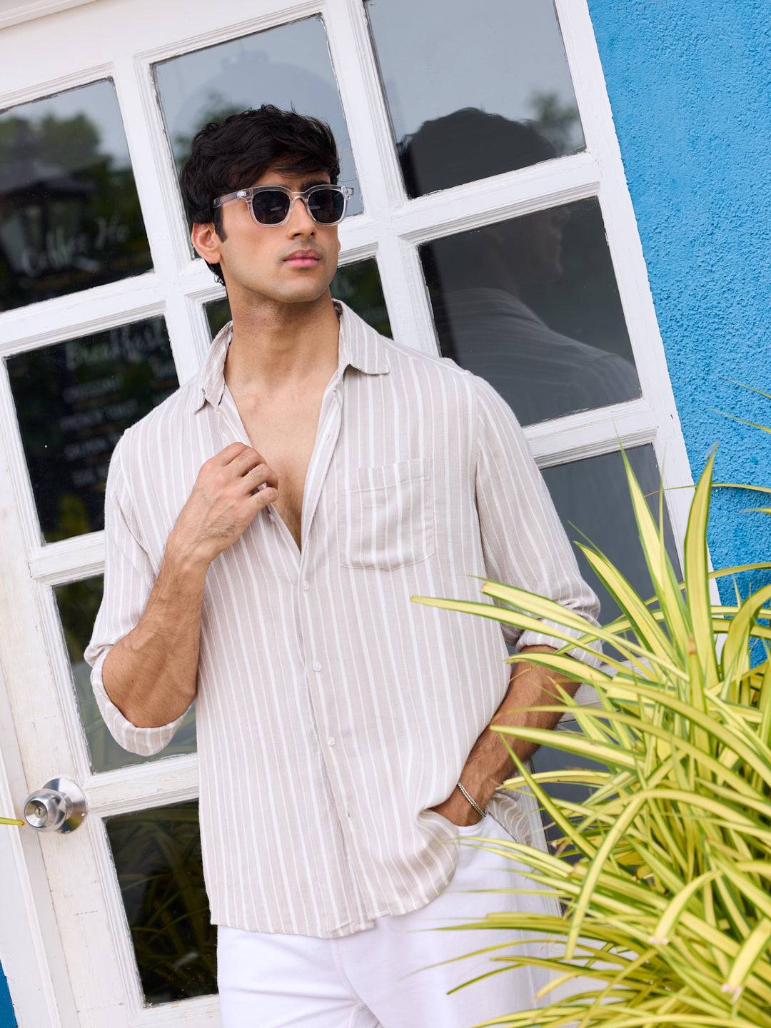 Premium Beige Awning Striped Crepe Shirt Buy only at ₹999