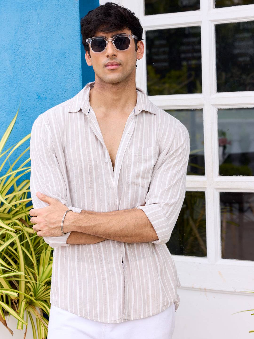 Premium Beige Awning Striped Crepe Shirt Buy only at ₹999