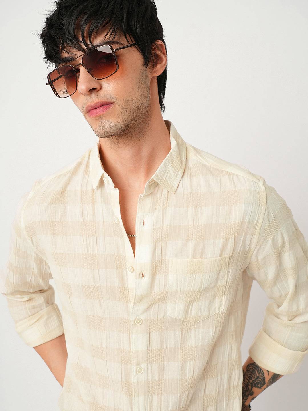 Premium Cotton Ivory Broad Checked Crepe Shirt Buy only at ₹999