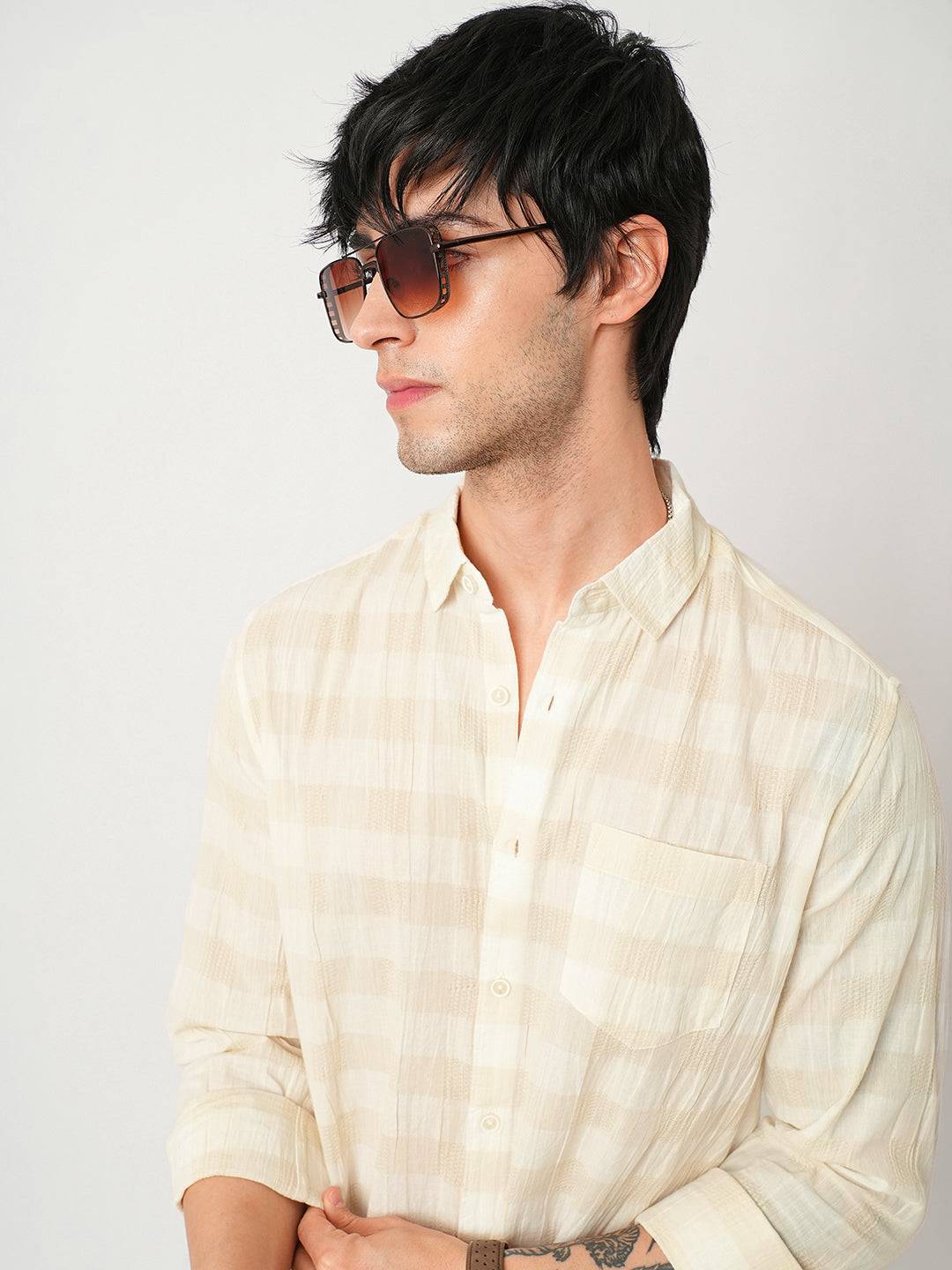 Premium Cotton Ivory Broad Checked Crepe Shirt Buy only at ₹999