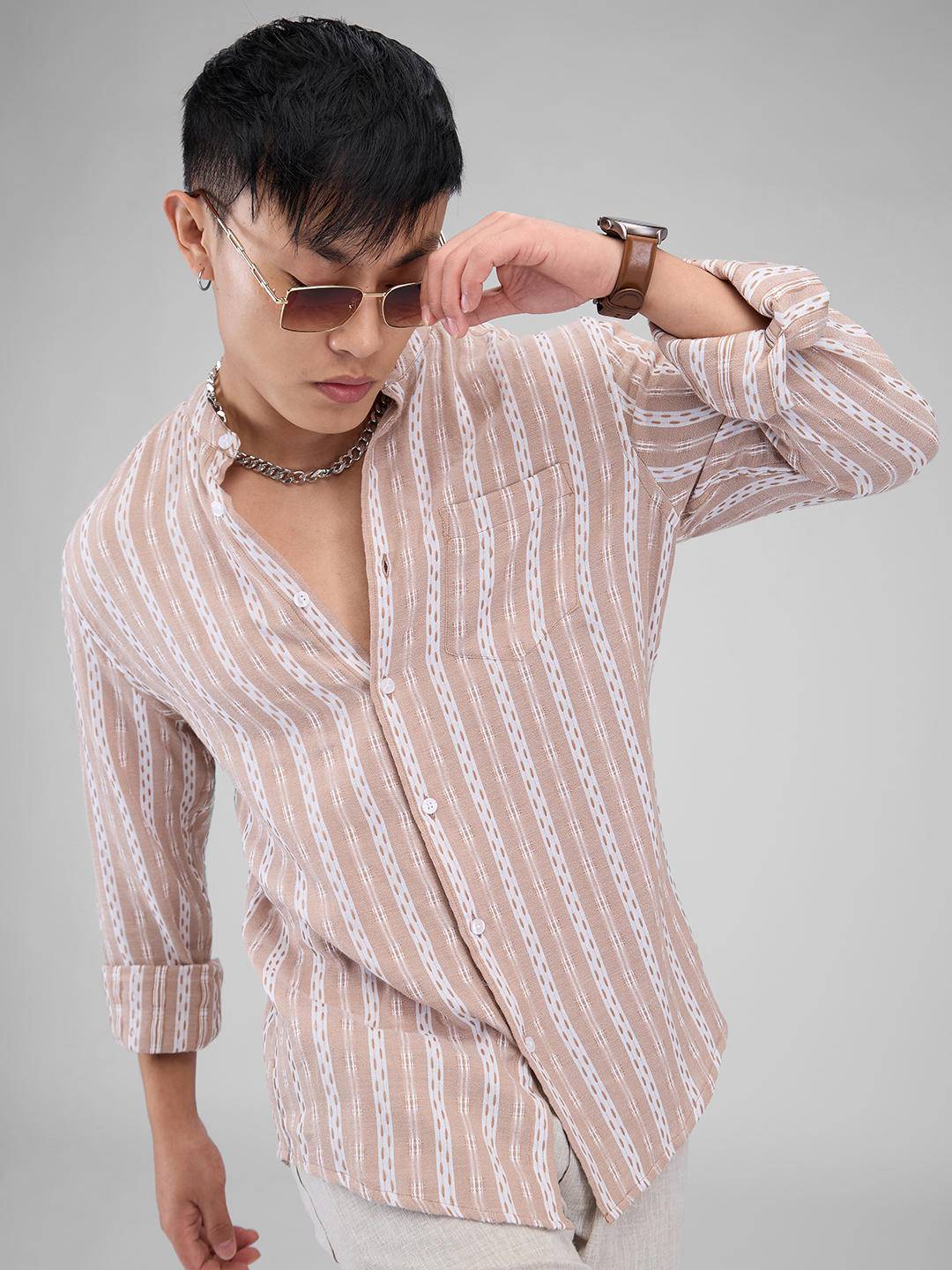 Premium Cotton Vintage Tan Thread Flat-Weave Striped Shirt Buy only at ₹750