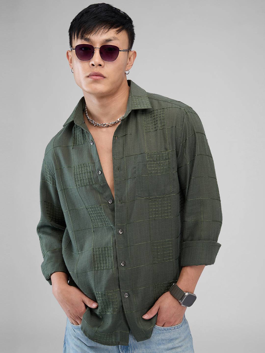 Basil Green Square Embroidered Shirt Buy only at ₹699