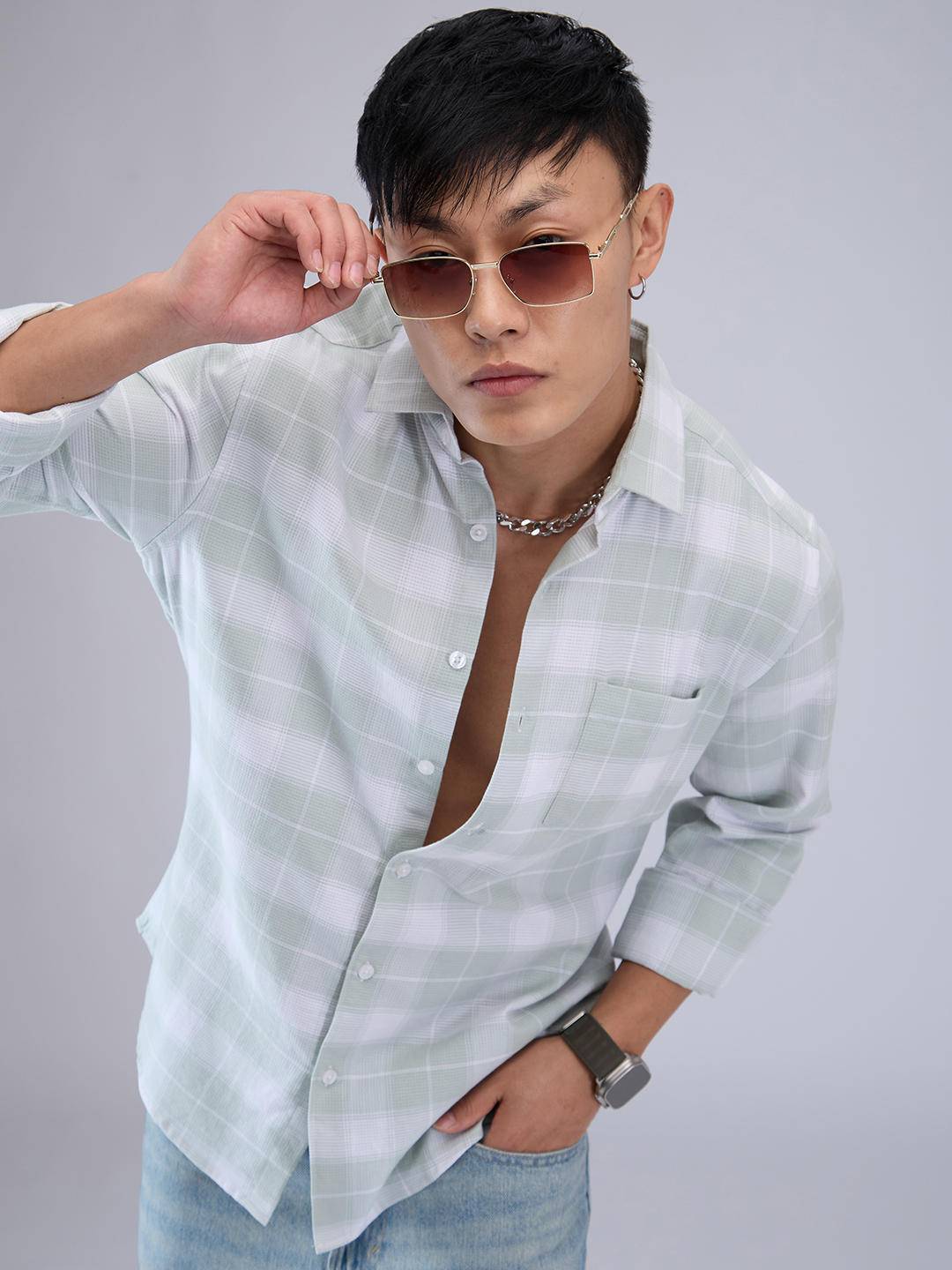 Premium Cotton Pastel Green & White Tartanique Checked Shirt Buy only at ₹759