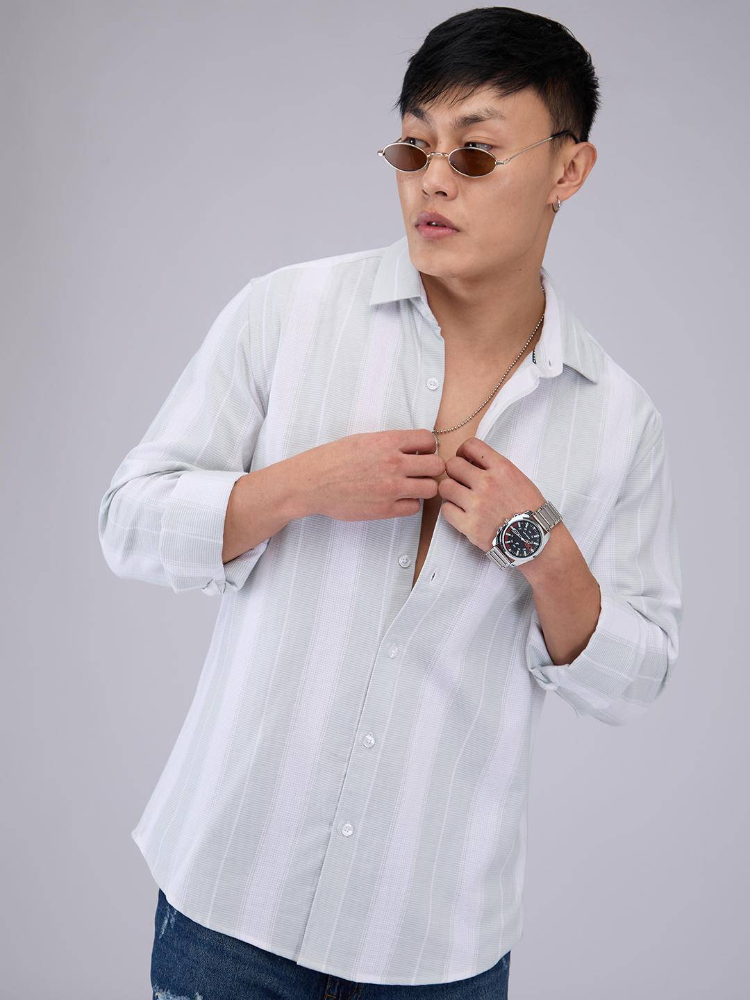 Premium Cotton Pastel Green & White Broad Striped Shirt Buy only at ₹759