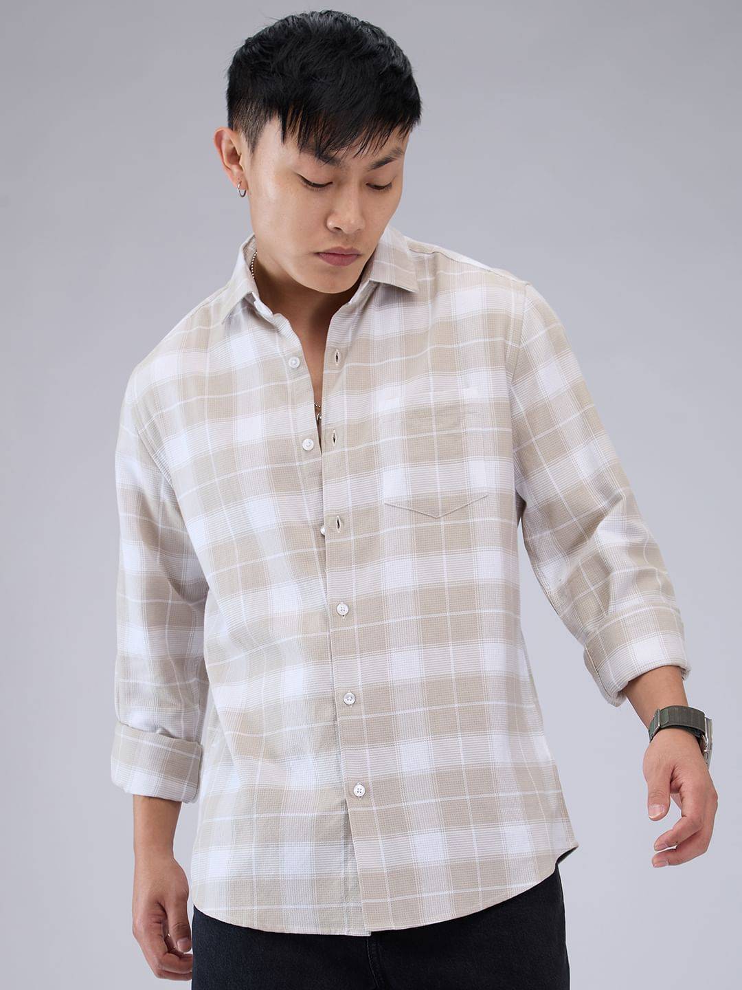 Premium Cotton Greige & White Checkered Shirt Buy only at ₹759