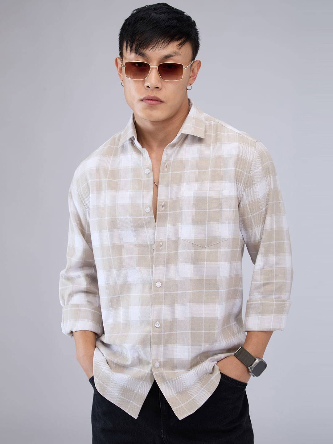 Premium Cotton Greige & White Checkered Shirt Buy only at ₹759