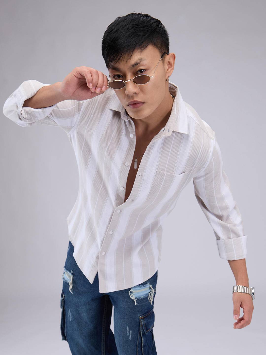 Premium Cotton Greige & White Broad Striped Shirt Buy only at ₹759