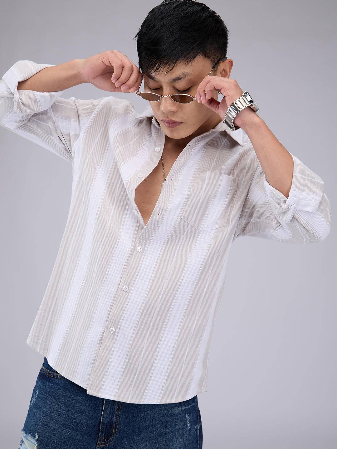 Premium Cotton Greige & White Broad Striped Shirt Buy only at ₹759