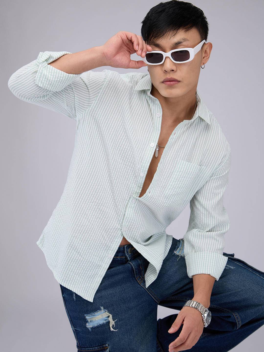 Mint Green Seersucker Striped Shirt Buy only at ₹659