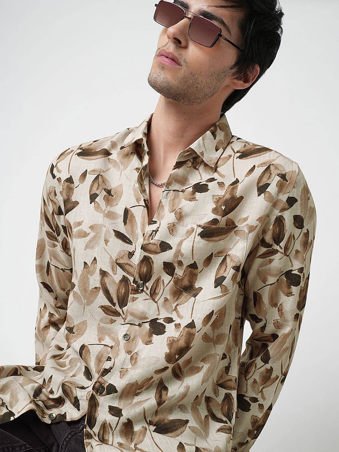 Camel Beige Artistic Floral Printed Linen Shirt Buy only at ₹679