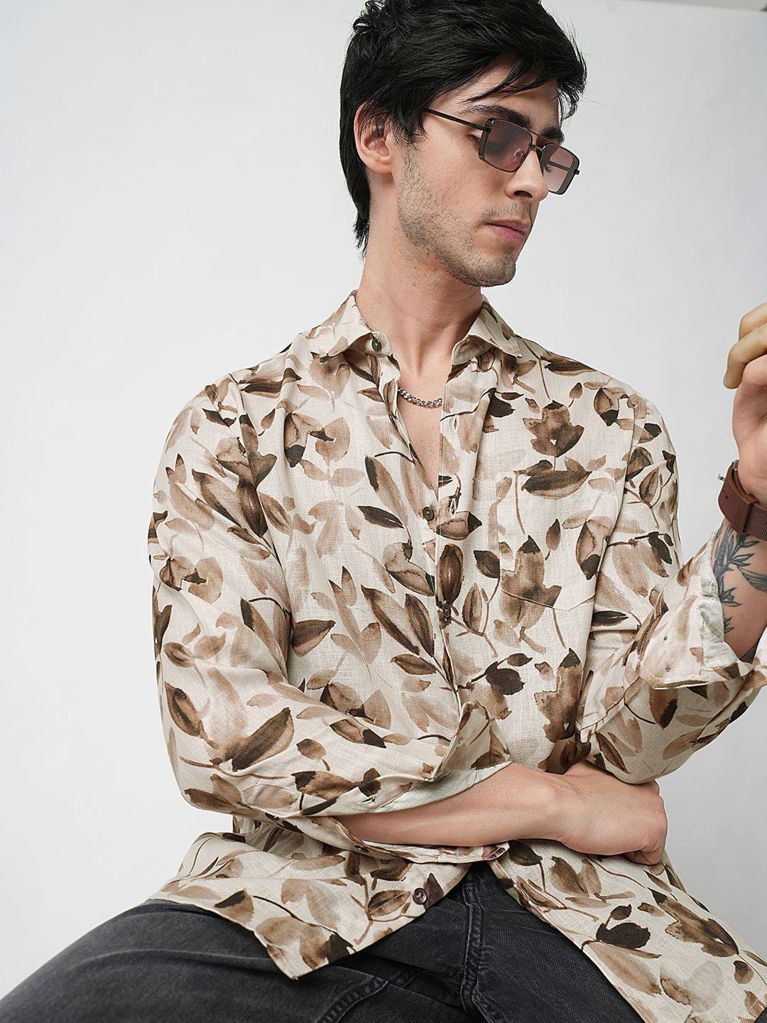 Camel Beige Artistic Floral Printed Linen Shirt Buy only at ₹679