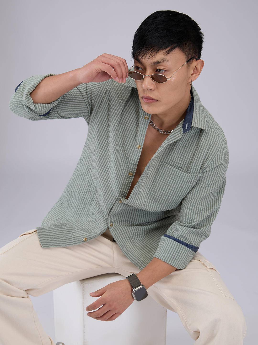 Olive Seersucker Striped Shirt Buy only at ₹659