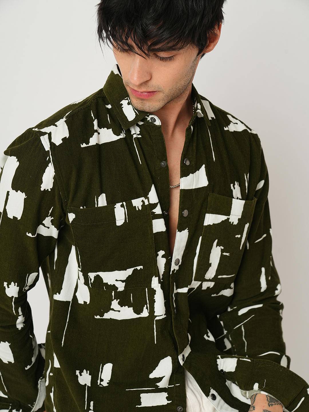 Olive Abstract Printed Double Pocket Corduroy Shirt Buy only at ₹859