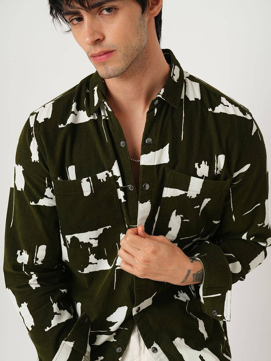 Olive Abstract Printed Double Pocket Corduroy Shirt Buy only at ₹859