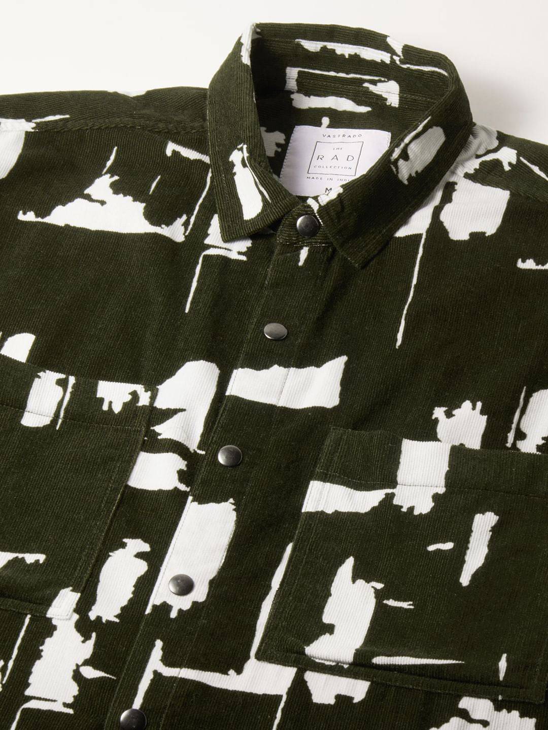 Olive Abstract Printed Double Pocket Corduroy Shirt Buy only at ₹859