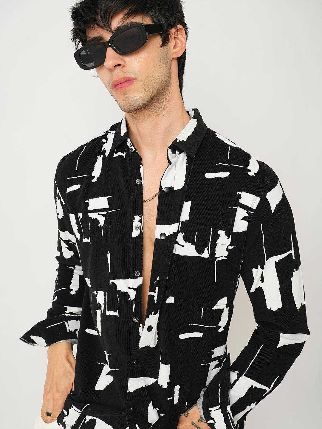 Artistic Achromatic Double Pocket Corduroy Shirt Buy only at ₹859