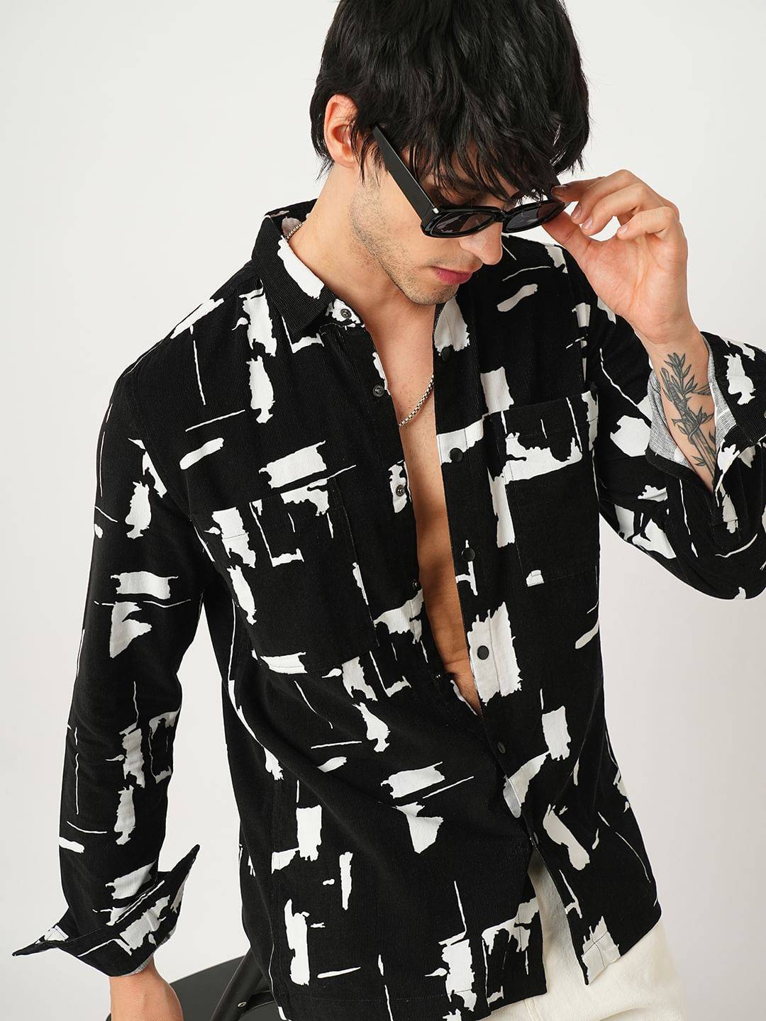 Artistic Achromatic Double Pocket Corduroy Shirt Buy only at ₹859