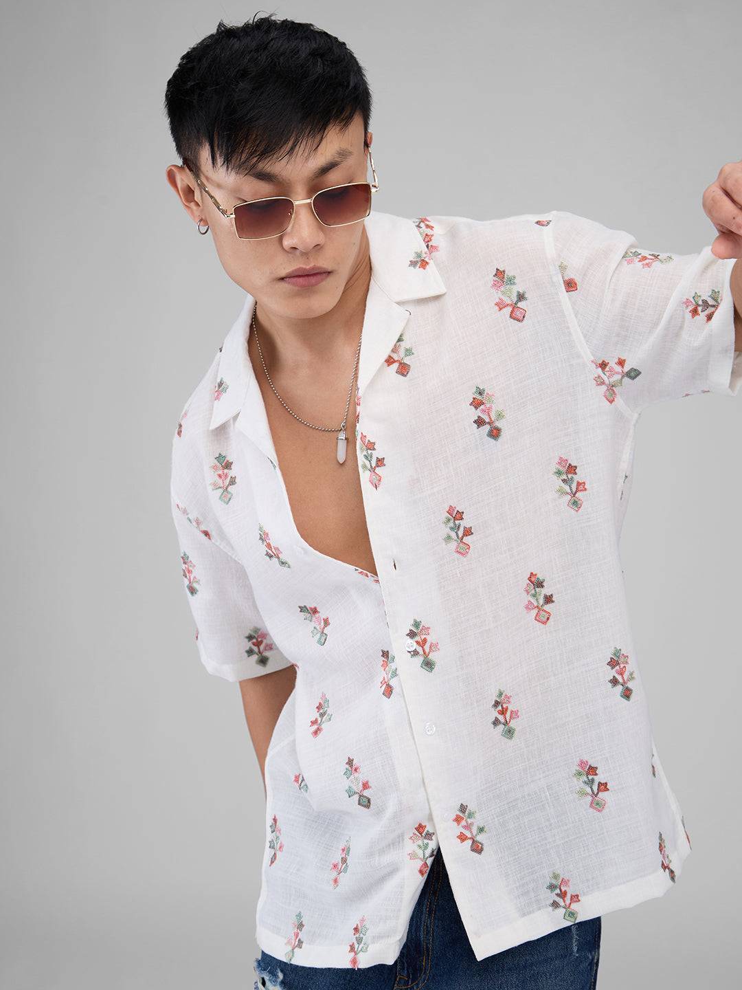 White Embroidered Notch Collar Oversized Shirt Buy only at ₹524