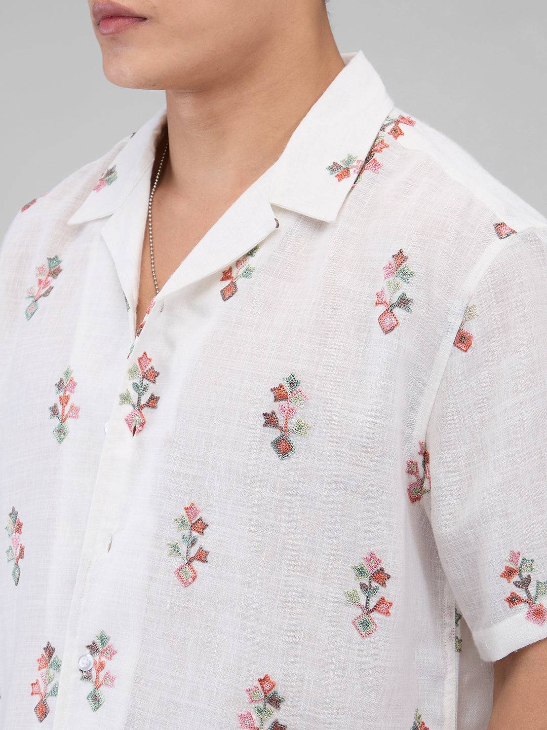 White Embroidered Notch Collar Oversized Shirt Buy only at ₹524