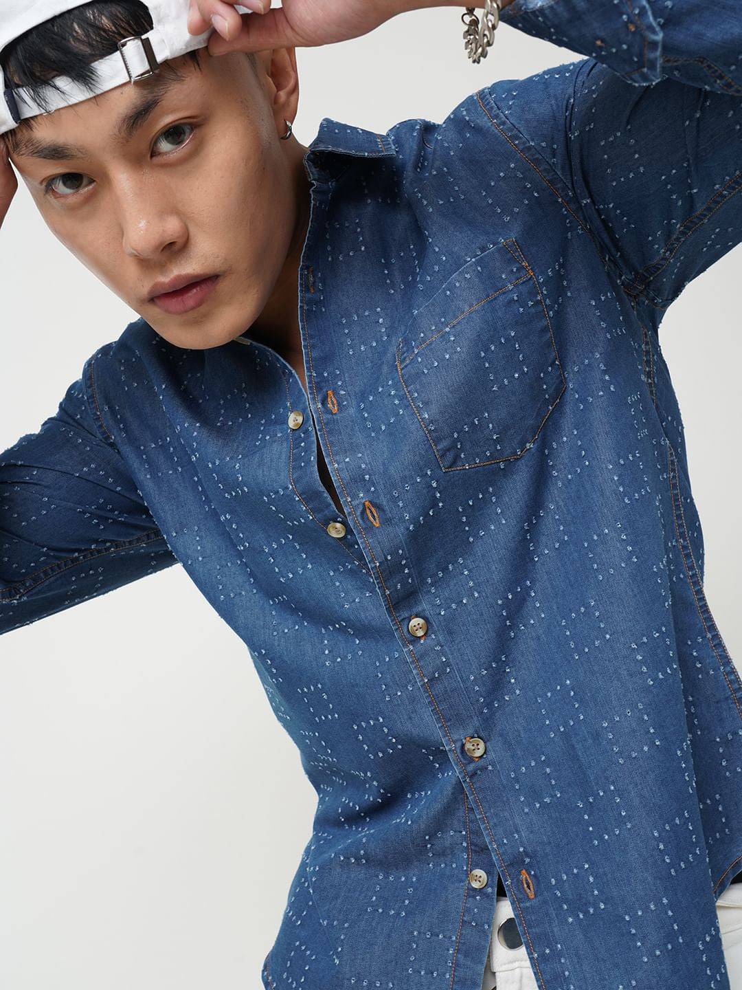 Blue Denim Contrast Stitched Shirt Buy only at ₹799